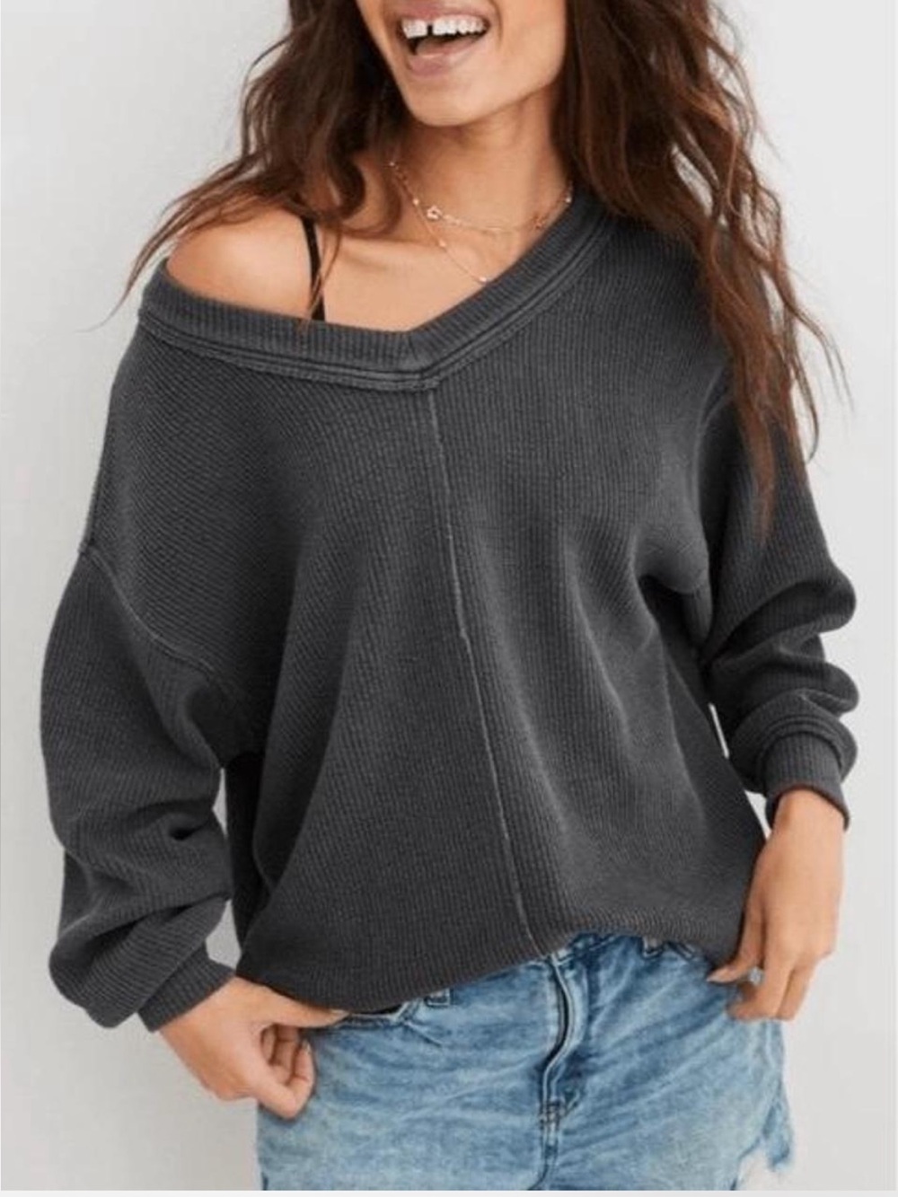 AERIE Black Wonder Textured V-Neck Pullover Sweatshirt oversized XS/S
